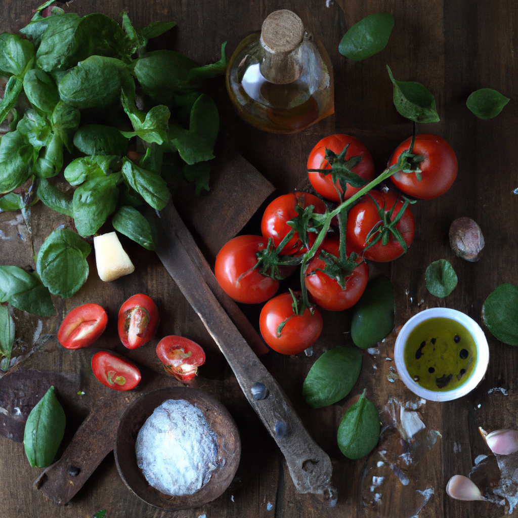 바질, 토마토, 올리브 오일, 파르미지아노 등 신선 재료